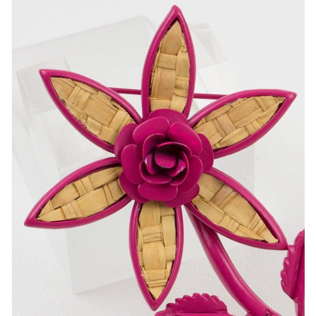 Hot Pink John Galliano Paris Pink Enamel Metal and Straw Daisy Brooch For Sale - Image 8 of 8