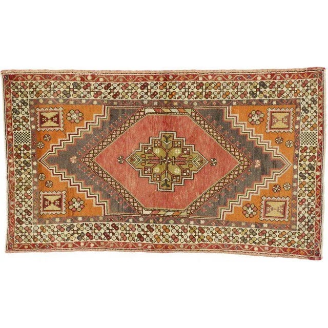 vintage Turkish Oushak accent rug, entry or foyer rug. This hand-knotted wool vintage Turkish Oushak rug features a modern...