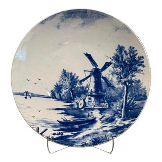Mid 20th Century Blue & White Delft Style Transferware Windmill Scenic Plate For Sale