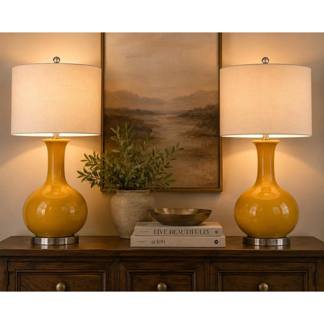 Contemporary Late 20th Century Mustard Ceramic Gourd Table Lamps With Linen Drum Shades - a Pair For Sale - Image 3 of 4