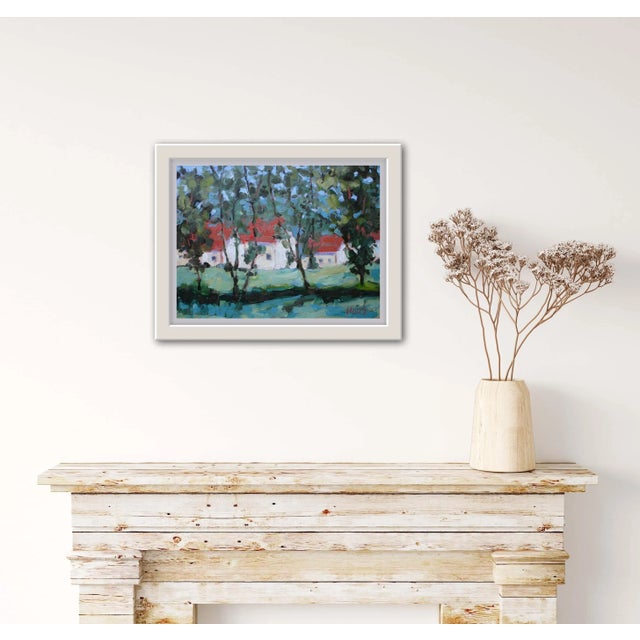 Abstract Red Roofs, Through the Trees Impressionist Oil Painting Landscape For Sale - Image 3 of 7