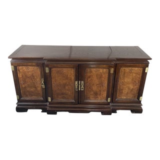 1990s Chinoiserie Wood Credenza With Brass Hardware and Burl Doors For Sale