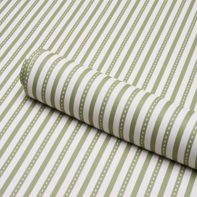 Schumacher Sample - Schumacher Mathis Ticking Stripe Wallcovering In Leaf For Sale - Image 4 of 6