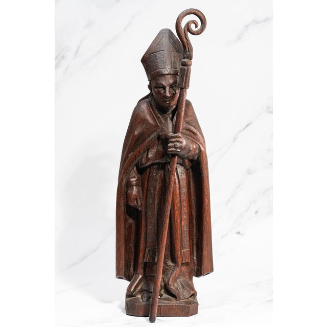 Brown 19th Century Folk Art Statue Sculpture Carved Wood Bishop Santos Style For Sale - Image 8 of 17