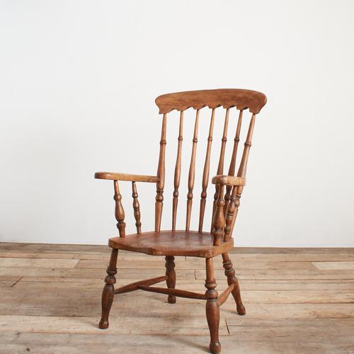 Antique windsor kitchen chair a nineteenth century high back windsor chair with spindle back, solid elm seat, raised on...