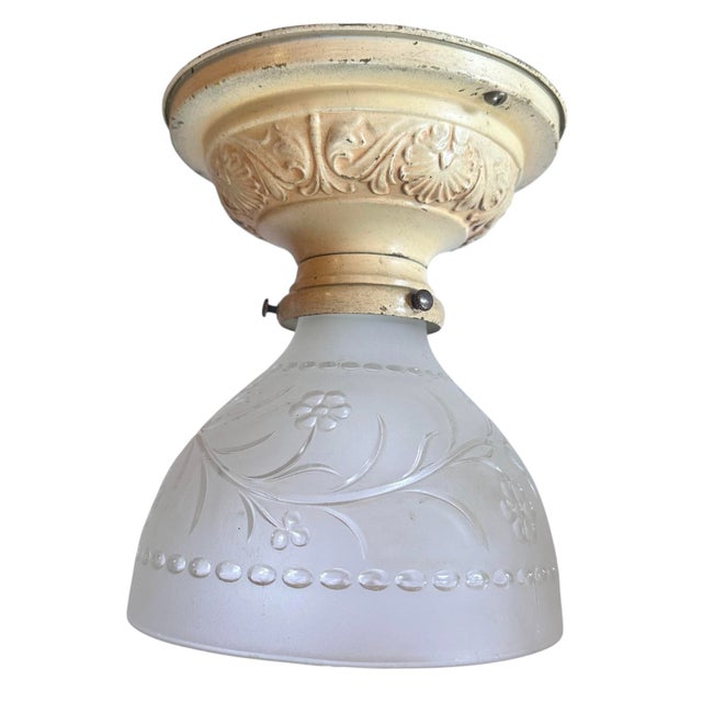 1910 Botanical Motif Flushmount With Original Painted Embossed Leaf Pattern Holder With Embossed Floral and Beaded Shade For Sale - Image 4 of 5