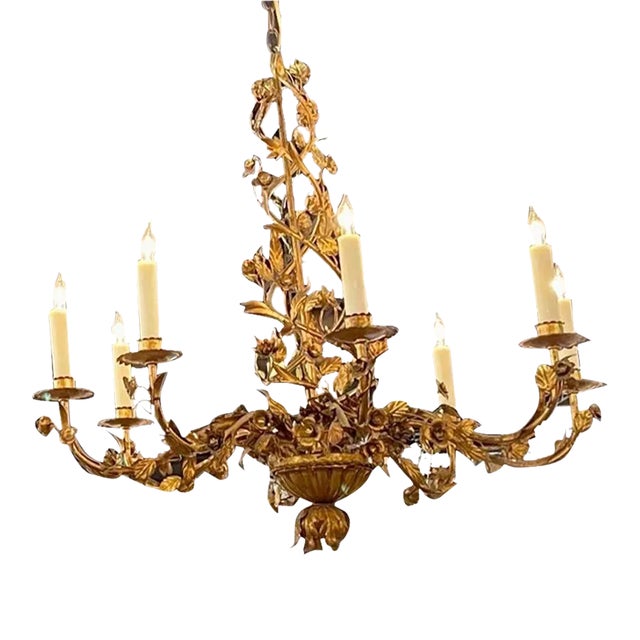 19th Century Italian Gilt Tole Floral Chandeliers With 8 Lights For Sale