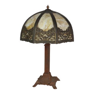 Arts & Crafts Bradley & Hubbard Style 8-Panel Slag Glass Table Lamp C1920 For Sale