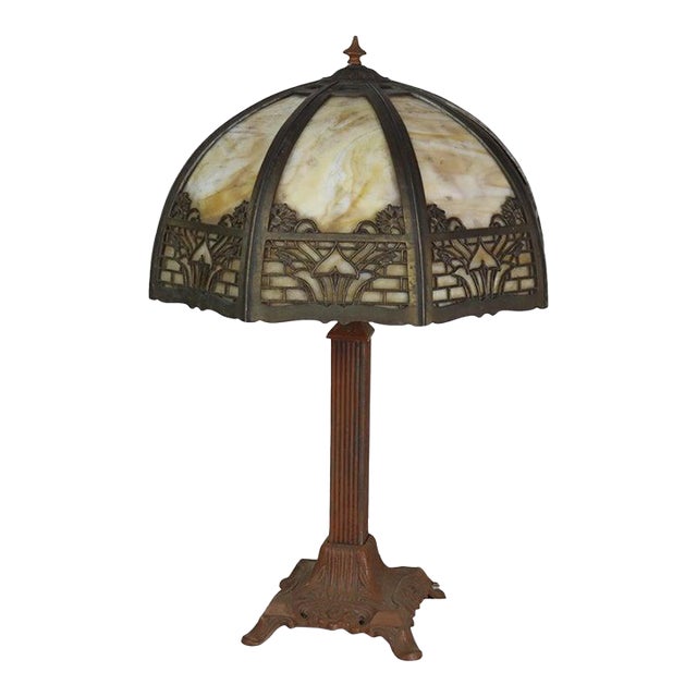 Arts & Crafts Bradley & Hubbard Style 8-Panel Slag Glass Table Lamp C1920 For Sale