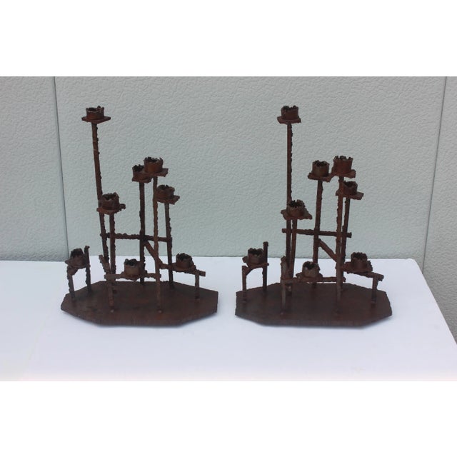 1970s Paul Evans Attributed Welded Steel Brutalist Candlesticks For Sale - Image 5 of 12