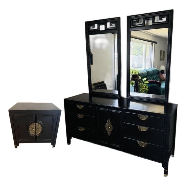 Vintage Century Furniture Chin Hua Ebonized Lacquer Dresser With Double Mirrors & Matching End Cabinet by Raymond Sobota For Sale