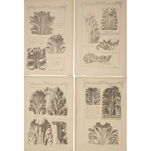 1887 Set of 4-French Antique Architectural Ornamental Engravings-Leaf Designs For Sale