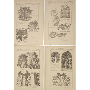 1887 Set of 4-French Antique Architectural Ornamental Engravings-Leaf Designs