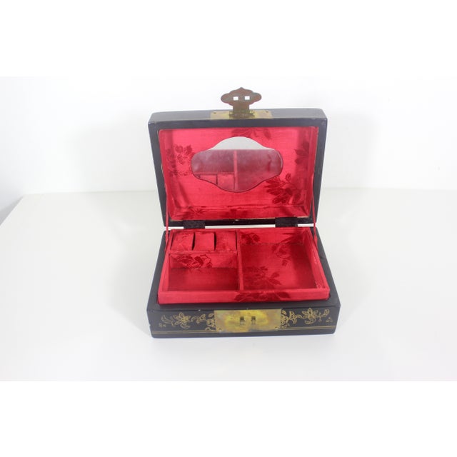 Vintage Black Lacquered Wood Jewelry Box With Inlaid Mother of Pearl Shell and Brass Details For Sale - Image 11 of 11