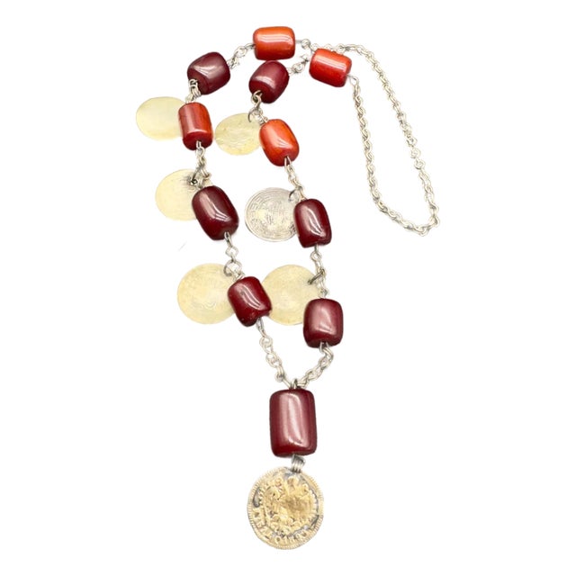 Antique Turkish Faturan Cherry Bakelite Coin Charm Necklace For Sale