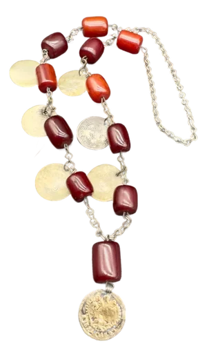 Antique Turkish Faturan Cherry Bakelite Coin Charm Necklace