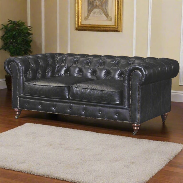 Brown Century Chesterfield Love Seat - Slate Leather For Sale - Image 8 of 8