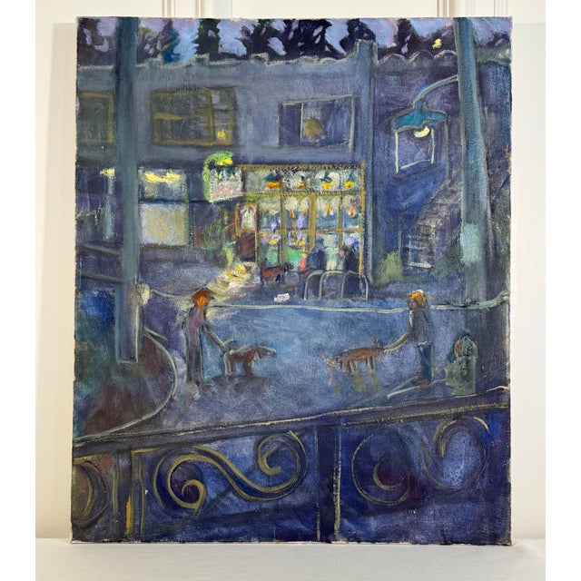 The inward glow of a nocturnal European street scene is unfolding in this vibrant, expressionism original oil painting on...