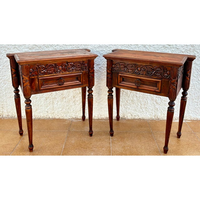 Traditional Pair of Spanish Carved Oak Nightstands With Drawer, 1930s For Sale - Image 3 of 15