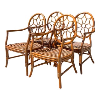 Vintage a Coastal Web Back Rattan Dining Chairs After McGuire - Set of 4 For Sale