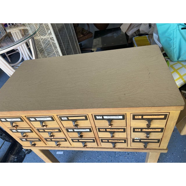 1960s Vintage 15-Drawer Library Card Catalog Cabinet on Stand – Mid-Century Library Furniture For Sale - Image 5 of 9