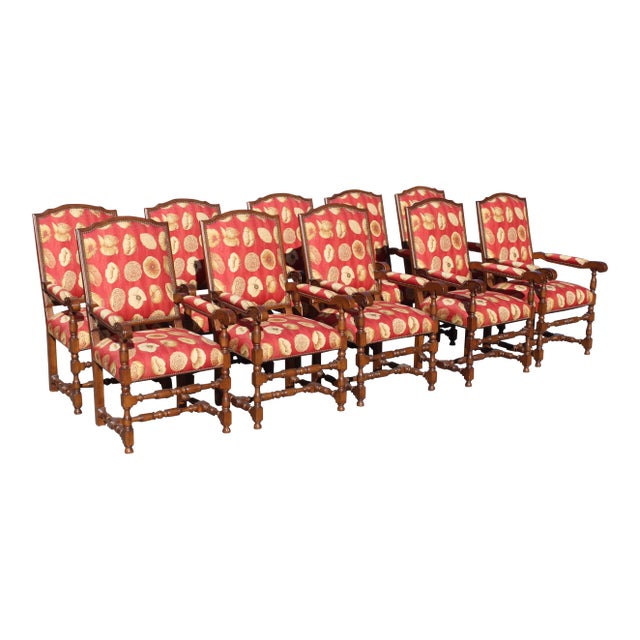 17th Century Style European Floral Fabric Dining Chairs - Set of 10 For Sale