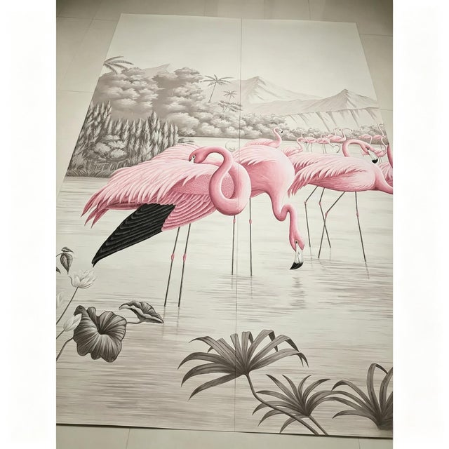Chinoiserie Hand‑Painted Panoramic Flamingo Chinoiserie Wall Mural For Sale - Image 3 of 7