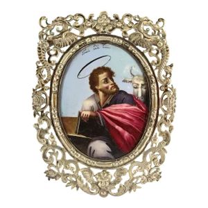 Circa 1746 Enamel Icon Evangelist St. Luke in Ornate French Silver Frame