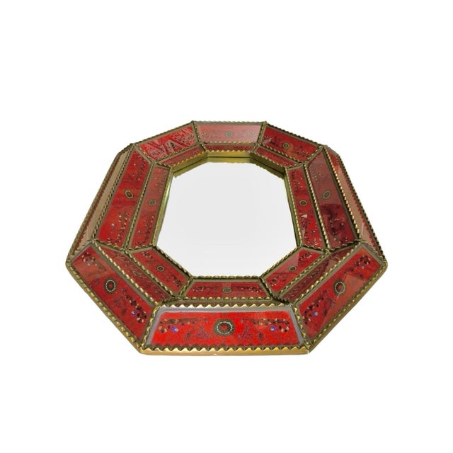Late 20th Century Mirror Large Heavy Hand Painted Reverse Acrylic Octagon Shape Floral Design Motif Decor For Sale - Image 5 of 7