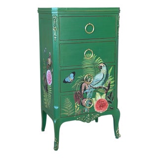 Custom Painted Tropical Parrot Decoupage Lingerie Chest or Tall Nightstand For Sale