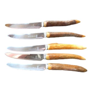 Antique Horn Handled Steak Knives Signed James Lodge LTD Sheffield, England - Set of Five For Sale