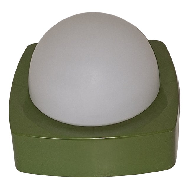 Vintage Ceiling Lamp with Green Plastic Housing and White Opal Glass Shade, 1970s For Sale