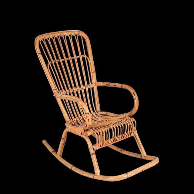 Mid-Century Modern Mid-Century Italian French Riviera Curved Rattan and Bamboo Rocking Chair, 1970s For Sale - Image 3 of 18