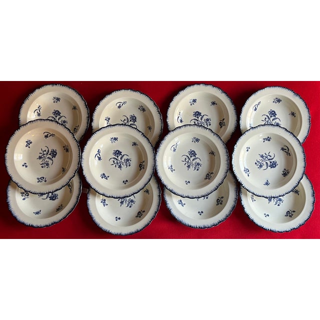 Blue Antique Early 20th C. English Blue & White Cauldon Porcelain Soup Bowls in the Gillyflower Pattern for W. H. Plummer, New York - Set of 12 For Sale - Image 8 of 17