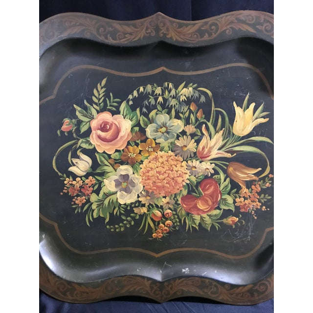 Late 19th Century 19th Century Floral Painted French Tole Antique Table Tray For Sale - Image 5 of 13