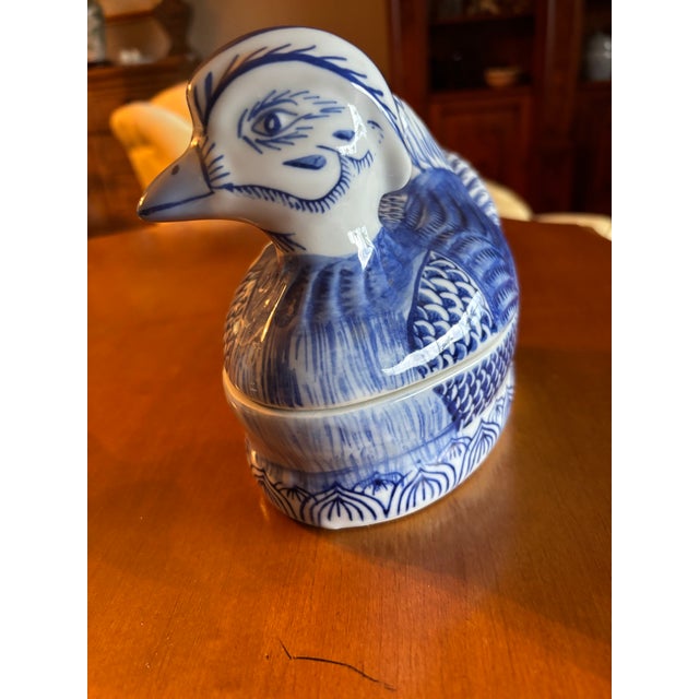 1990s Blue & White Porcelain Duck Serving Bowl Dish With Lid For Sale - Image 4 of 6