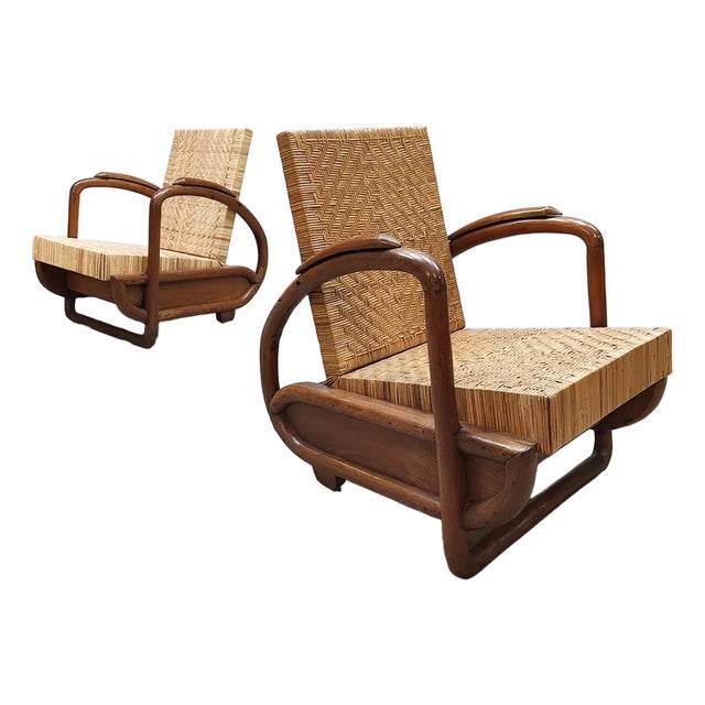 Set of Art Deco Woven Rattan Lounge Chairs, 1930s For Sale