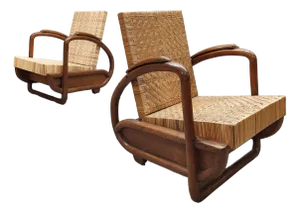Set of Art Deco Woven Rattan Lounge Chairs, 1930s