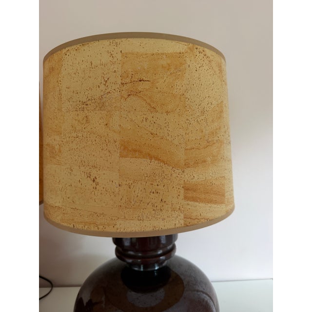 Mid-Century Modern Mid 20th Century Brown Ceramic Table Lamps With Vintage Cork Shades, a Pair For Sale - Image 3 of 8