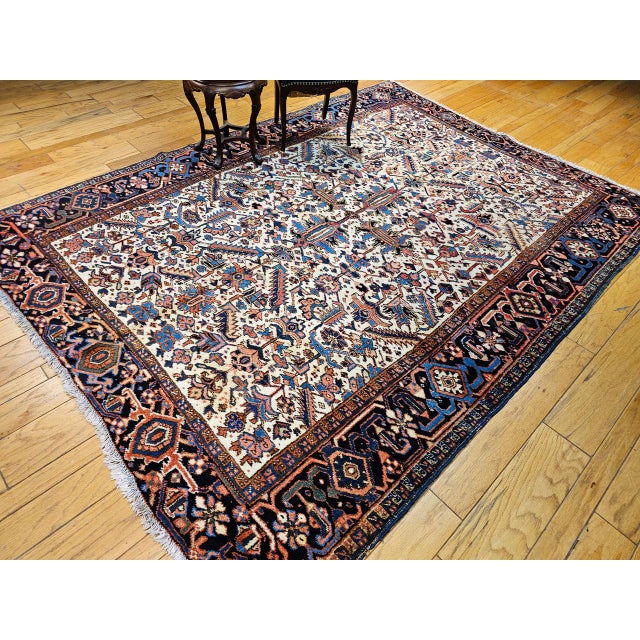 Vintage Heriz Serapi Rug, Hand-Knotted Wool, All-Over Geometric Pattern, Ivory & Blue, 8x10 For Sale - Image 4 of 14