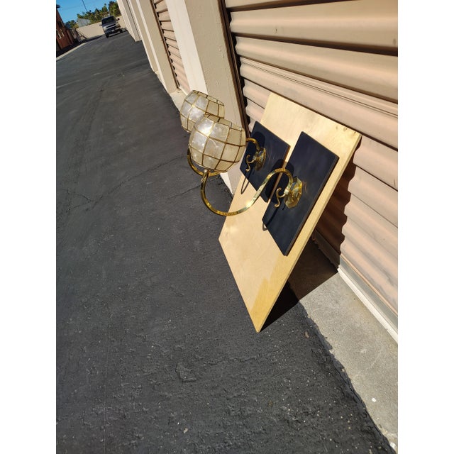 1960s A Pair of Vintage Brass Wood and Capiz Shell Wall Light For Sale - Image 4 of 4