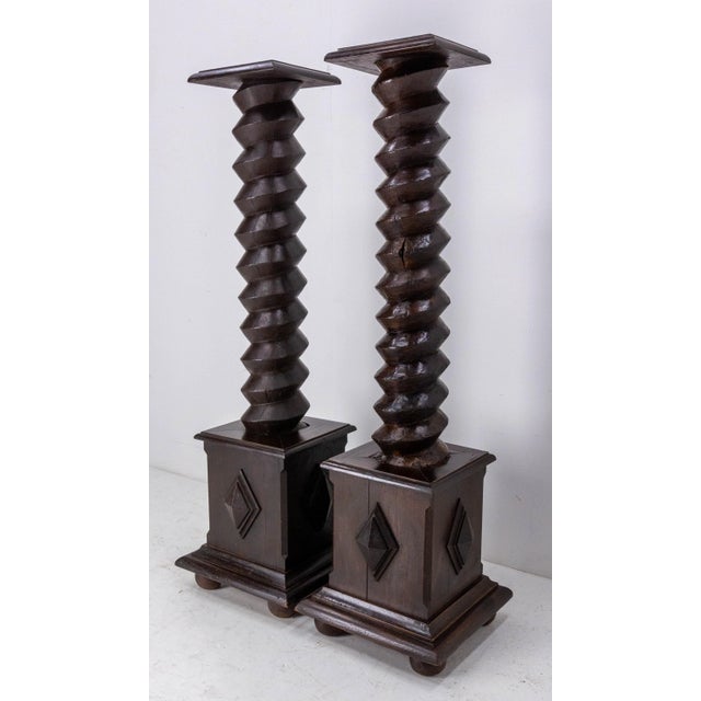 Pair of french pedestals wine press screws Brutalist style Very stylish Dimensions of the top 9.84/9.84 in. (25/25 cm)...