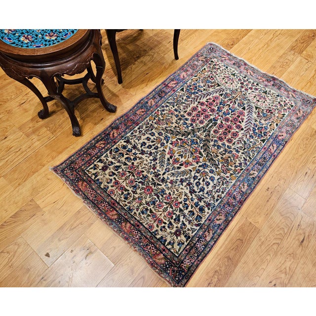 1900 - 1909 Early 20th Century Persian Kerman Lavar Rug, Hand-Knotted Wool, Allover Floral Pattern, Ivory & Green, 3x5 For Sale - Image 5 of 13