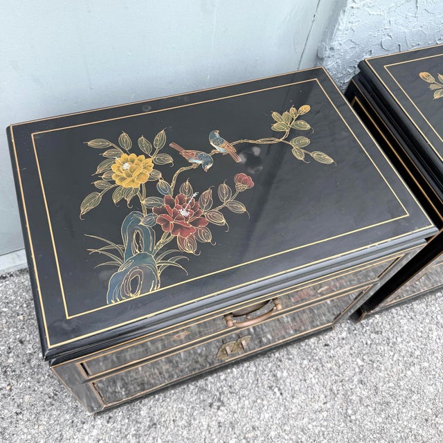 Wood Vintage Cantonese Black Lacquered Hand Painted Nightstands - A Pair For Sale - Image 7 of 11