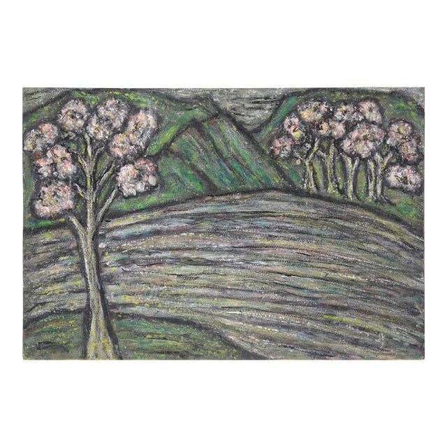 Trees in Bloom Along the River Landscape in Oil on Heavy Cardstock by Honora Berg For Sale
