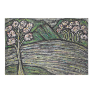 Trees in Bloom Along the River Landscape in Oil on Heavy Cardstock by Honora Berg
