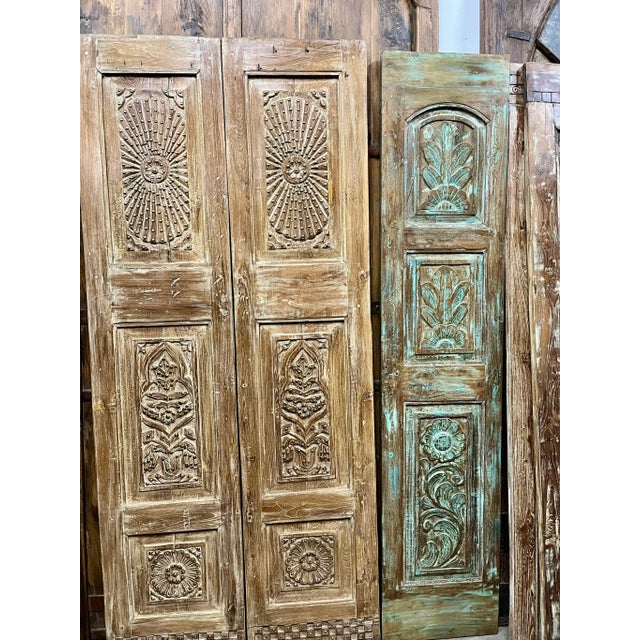 Antique Carved Door Natural Wood Patina With Brass Accents, a Pair For Sale - Image 4 of 5