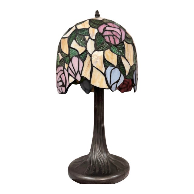 Vintage Tiffany Style Floral Stained Glass Accent Table Lamp With Tree Trunk Base For Sale