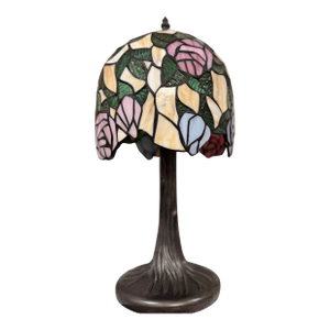 Vintage Tiffany Style Floral Stained Glass Accent Table Lamp With Tree Trunk Base