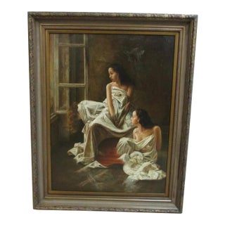 1980s Large Timeless Treasures Gold Gilt Carved Bathing Ladies Women Oil Painting For Sale